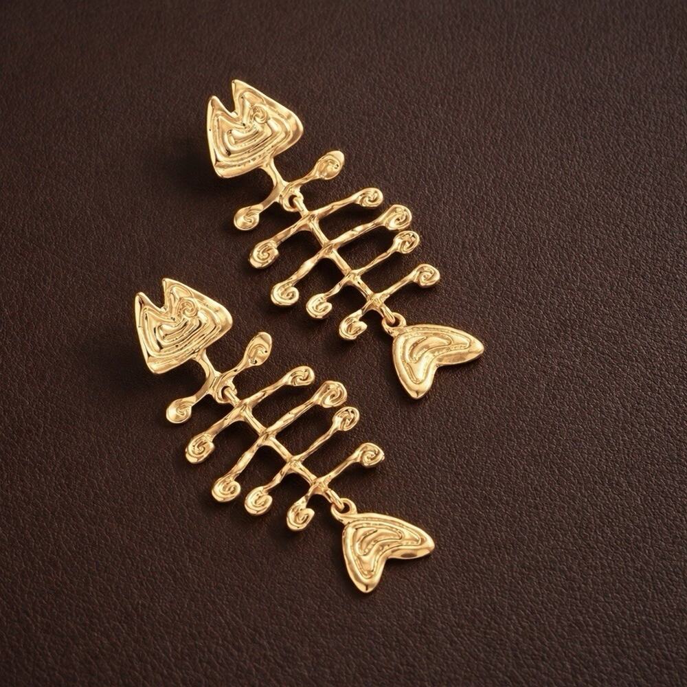 Fishbone Earrings Gothic Molten Skeleton Gold Boho Stud CZ Boho Fish VTG Coastal